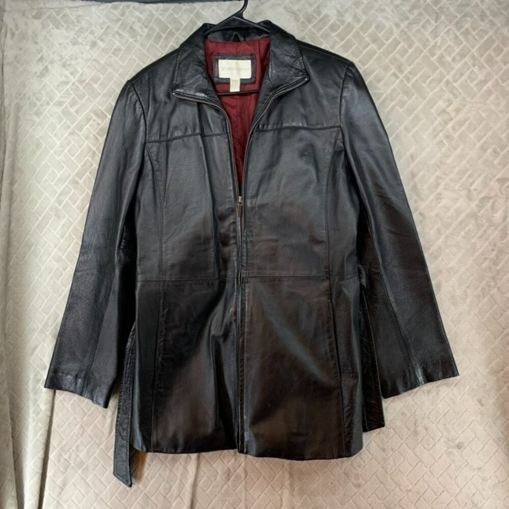 Worthington Womens Medium Leather Jacket Black Mid Length with Belt Zip Up Lined